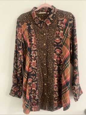 Soft Surroundings Mixed media Print Button up long sleeve blouse top large